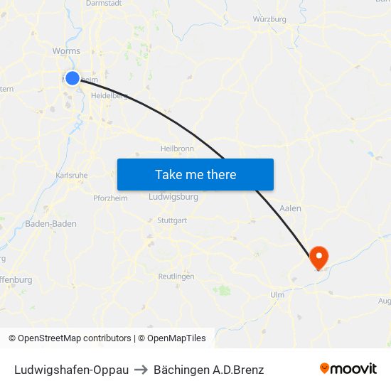 Ludwigshafen-Oppau to Bächingen A.D.Brenz map