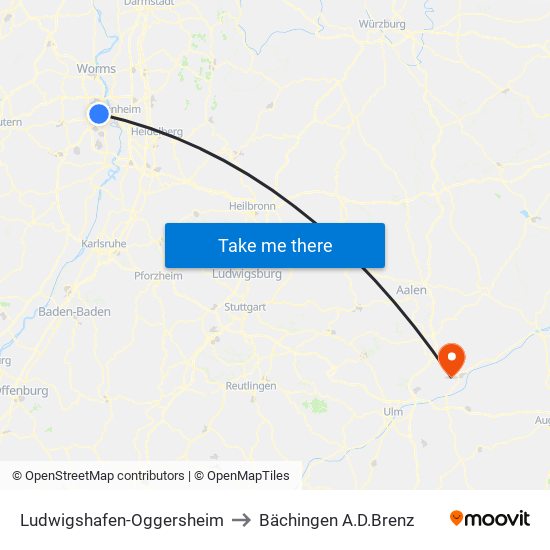 Ludwigshafen-Oggersheim to Bächingen A.D.Brenz map