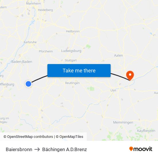 Baiersbronn to Bächingen A.D.Brenz map