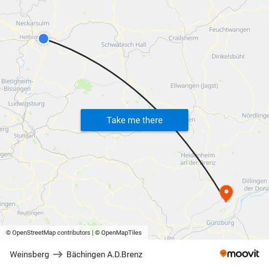 Weinsberg to Bächingen A.D.Brenz map