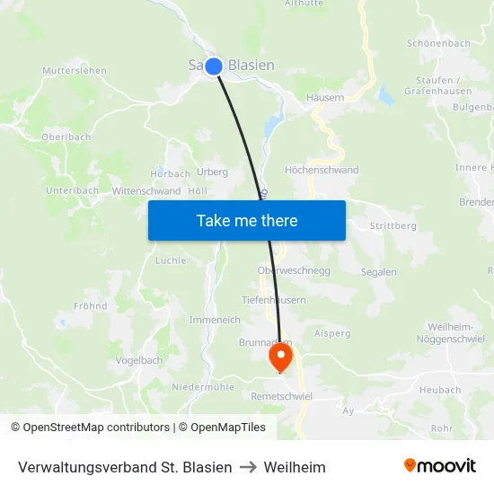 Verwaltungsverband St. Blasien to Weilheim map