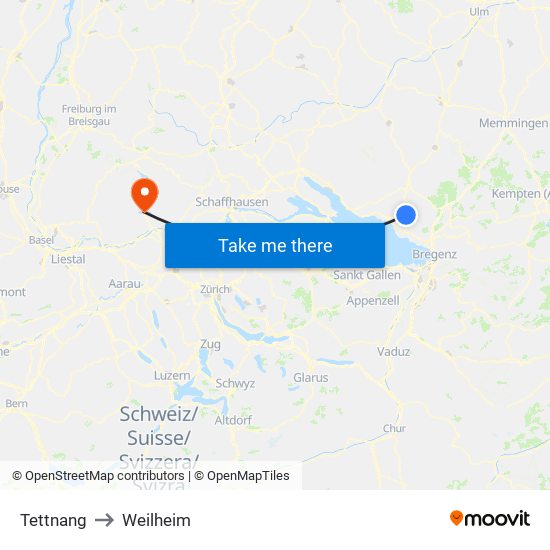 Tettnang to Weilheim map