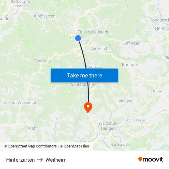 Hinterzarten to Weilheim map