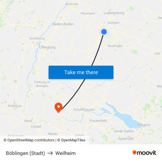 Böblingen (Stadt) to Weilheim map