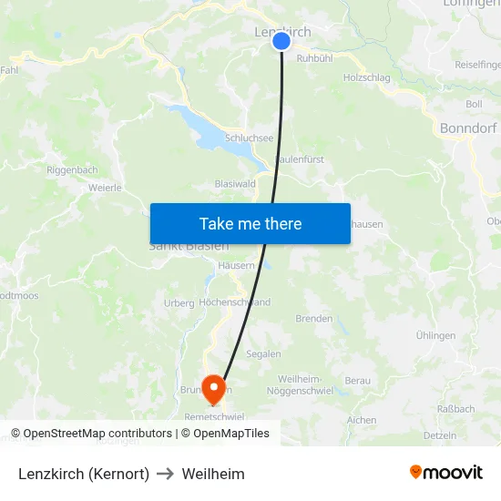 Lenzkirch (Kernort) to Weilheim map