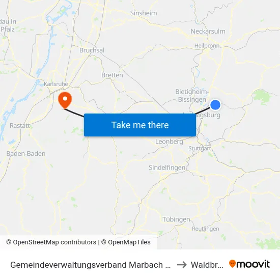 Gemeindeverwaltungsverband Marbach am Neckar to Waldbronn map