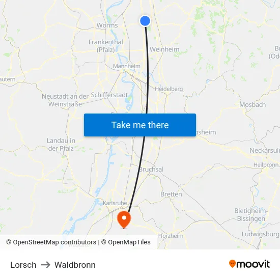 Lorsch to Waldbronn map