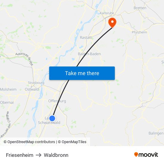 Friesenheim to Waldbronn map