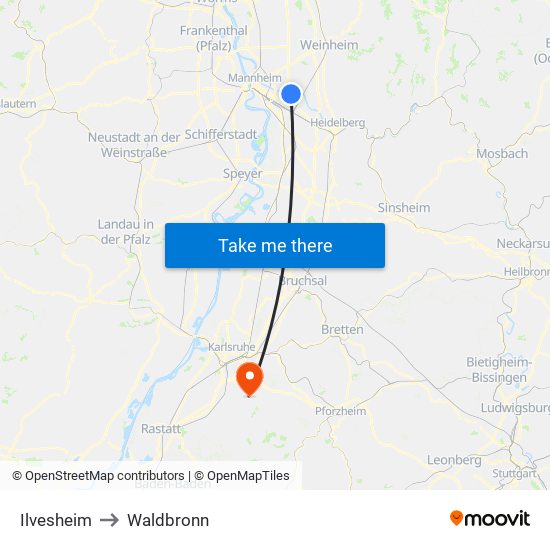 Ilvesheim to Waldbronn map