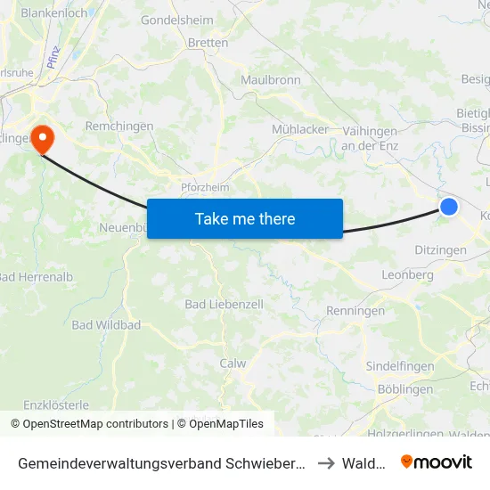 Gemeindeverwaltungsverband Schwieberdingen-Hemmingen to Waldbronn map