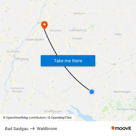 Bad Saulgau to Waldbronn map