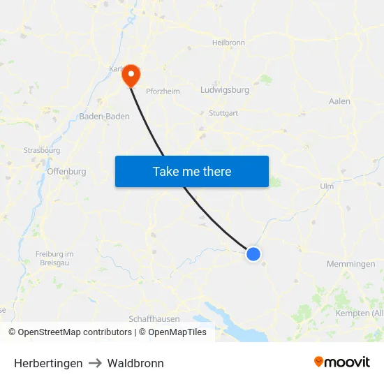 Herbertingen to Waldbronn map