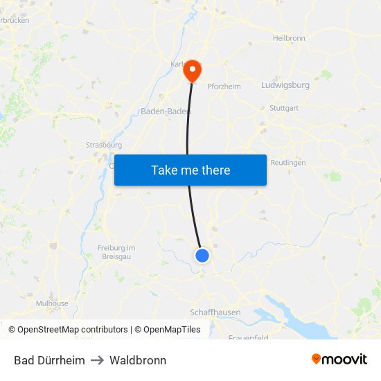 Bad Dürrheim to Waldbronn map