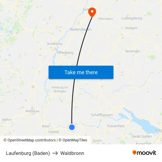 Laufenburg (Baden) to Waldbronn map