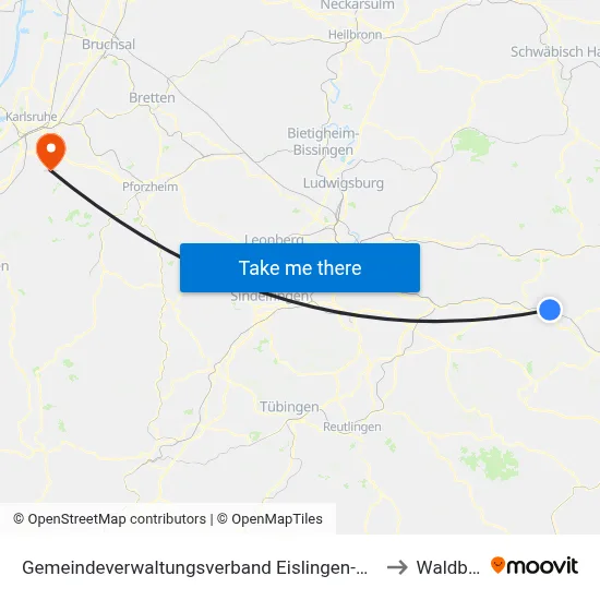 Gemeindeverwaltungsverband Eislingen-Ottenbach-Salach to Waldbronn map