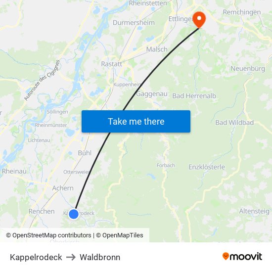 Kappelrodeck to Waldbronn map