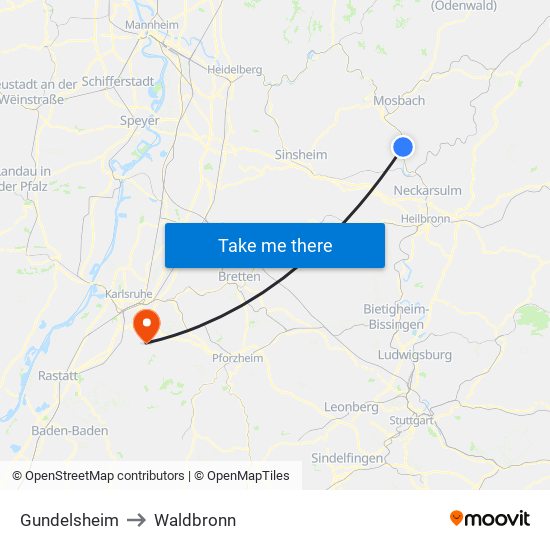 Gundelsheim to Waldbronn map