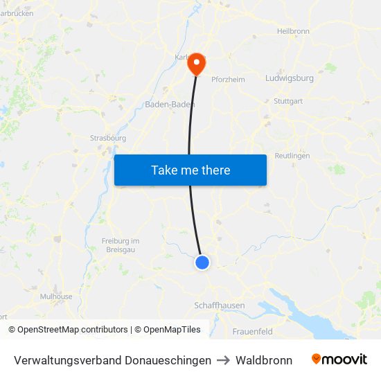 Verwaltungsverband Donaueschingen to Waldbronn map