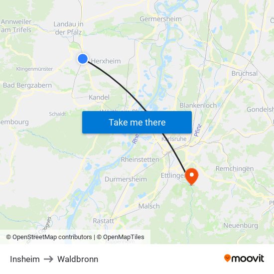 Insheim to Waldbronn map