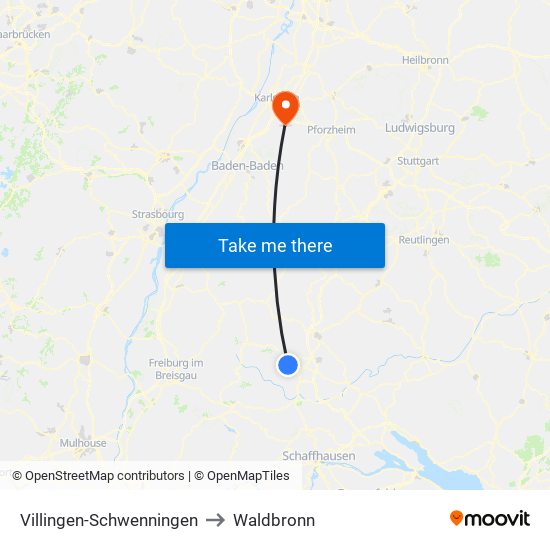 Villingen-Schwenningen to Waldbronn map