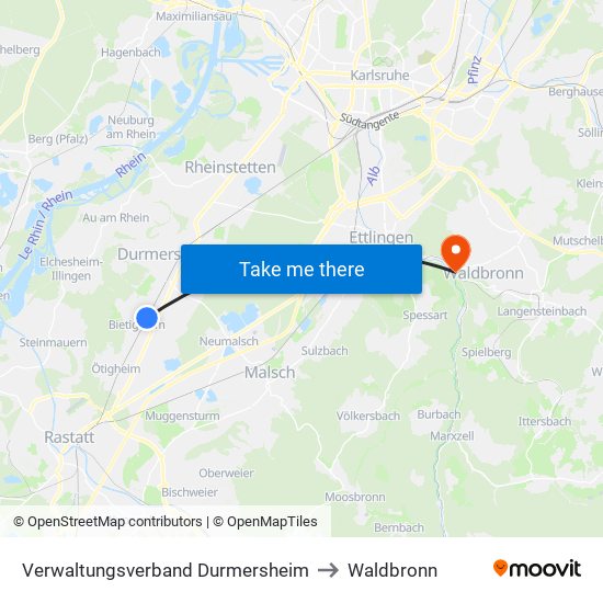 Verwaltungsverband Durmersheim to Waldbronn map