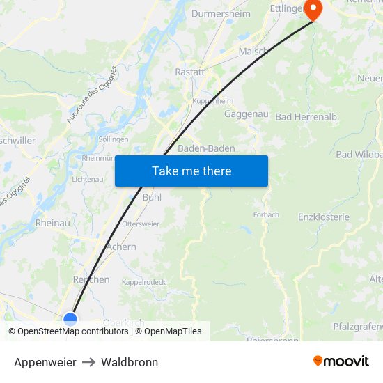 Appenweier to Waldbronn map