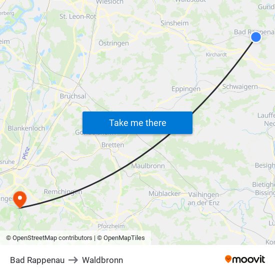 Bad Rappenau to Waldbronn map