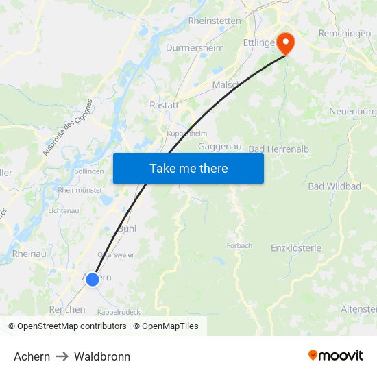 Achern to Waldbronn map