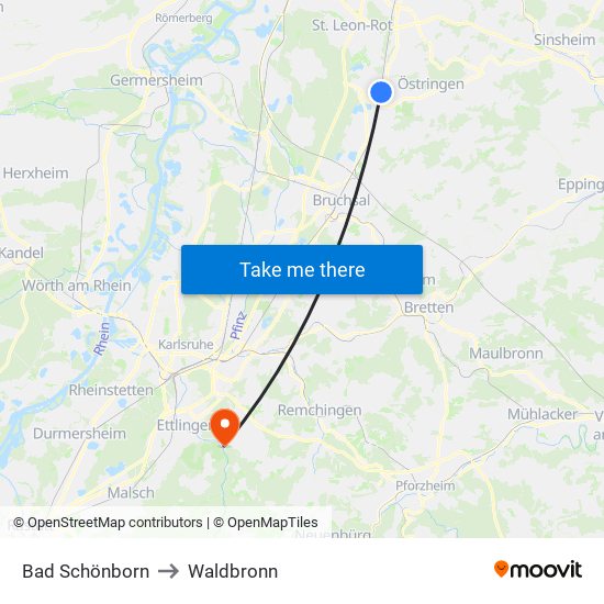 Bad Schönborn to Waldbronn map