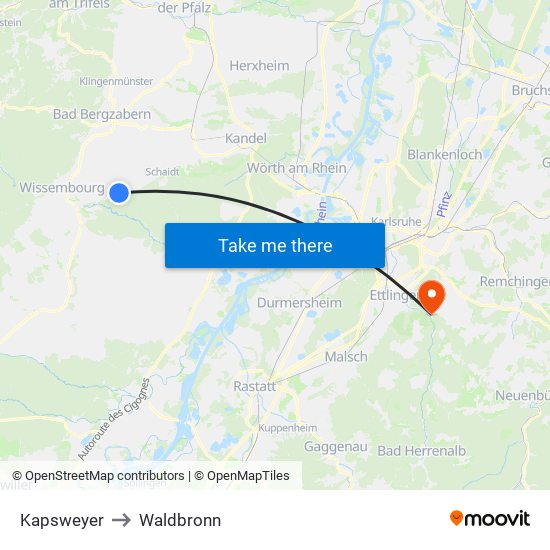 Kapsweyer to Waldbronn map