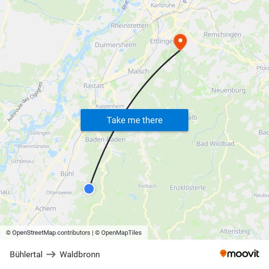 Bühlertal to Waldbronn map