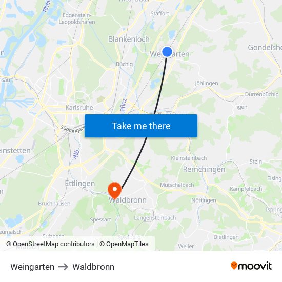 Weingarten to Waldbronn map