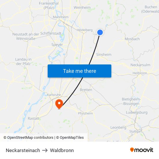 Neckarsteinach to Waldbronn map