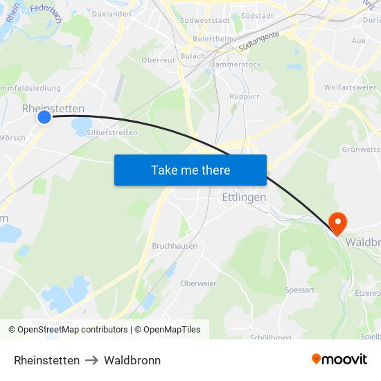 Rheinstetten to Waldbronn map