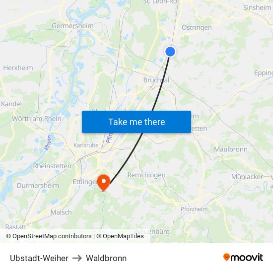 Ubstadt-Weiher to Waldbronn map