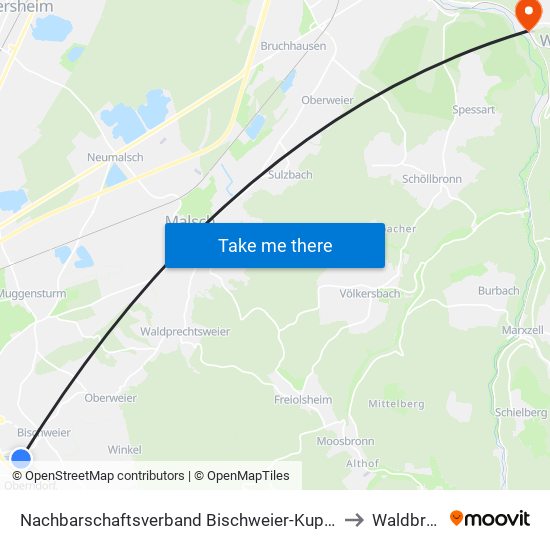 Nachbarschaftsverband Bischweier-Kuppenheim to Waldbronn map