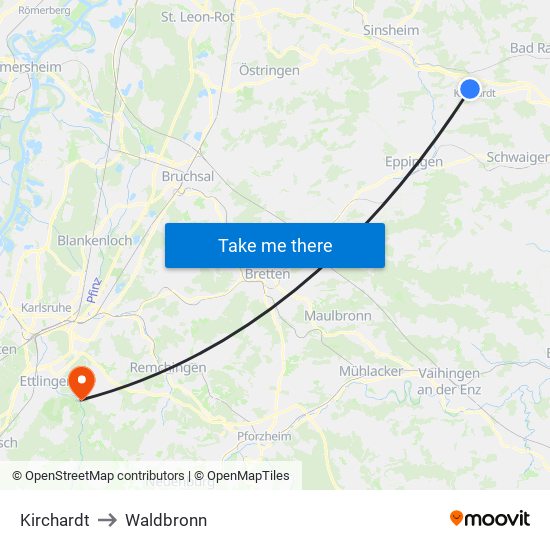 Kirchardt to Waldbronn map