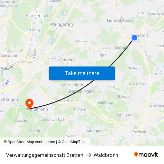 Verwaltungsgemeinschaft Bretten to Waldbronn map