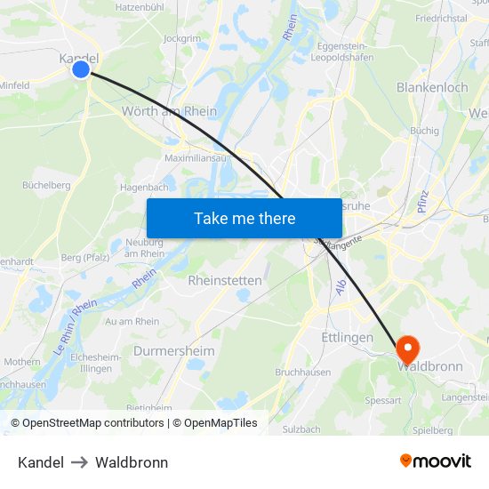 Kandel to Waldbronn map