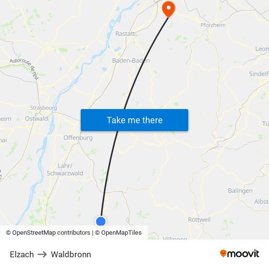 Elzach to Waldbronn map