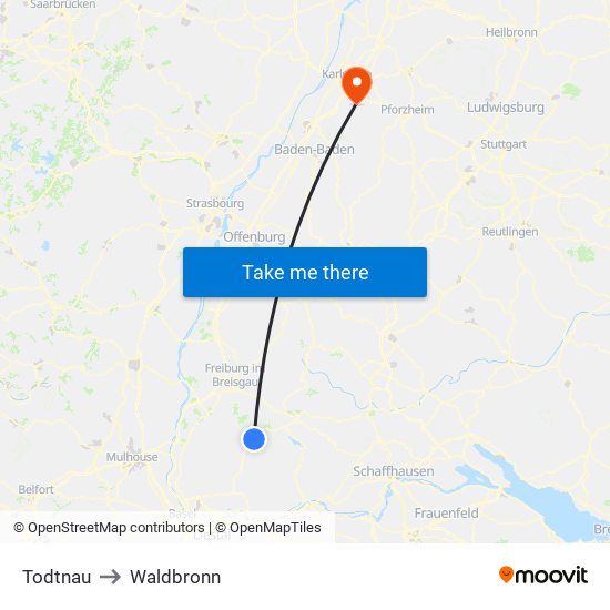 Todtnau to Waldbronn map