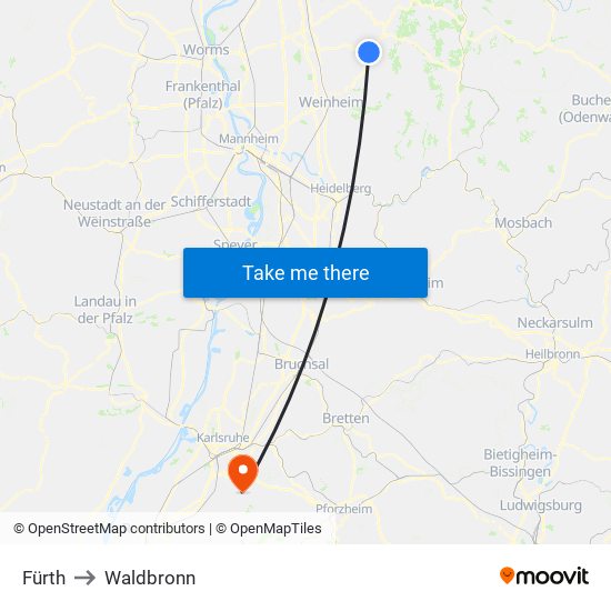 Fürth to Waldbronn map