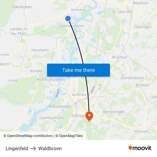 Lingenfeld to Waldbronn map