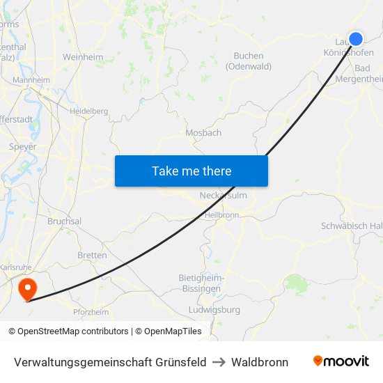 Verwaltungsgemeinschaft Grünsfeld to Waldbronn map