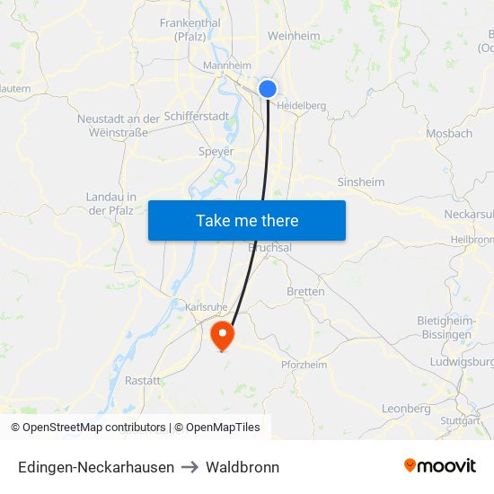 Edingen-Neckarhausen to Waldbronn map