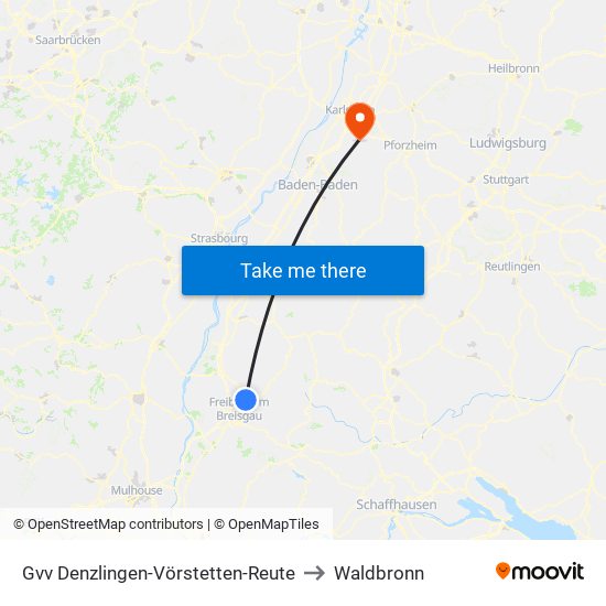 Gvv Denzlingen-Vörstetten-Reute to Waldbronn map