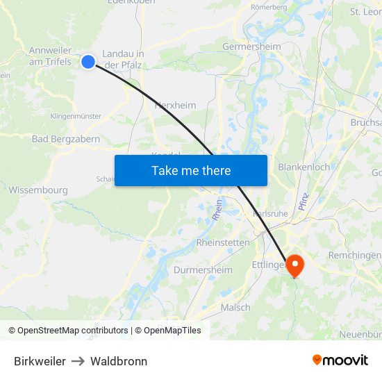 Birkweiler to Waldbronn map