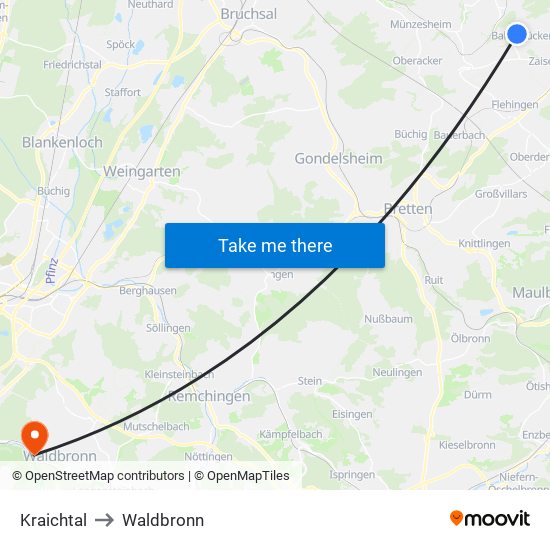 Kraichtal to Waldbronn map
