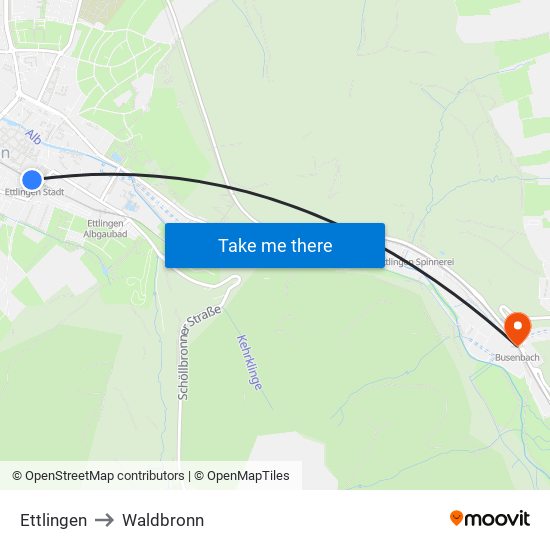 Ettlingen to Waldbronn map