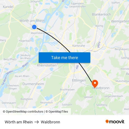 Wörth am Rhein to Waldbronn map